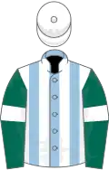 Light blue and white stripes, dark green sleeves, white armlets, white cap