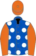 Royal blue, white spots, orange sleeves and cap