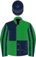 Green and dark blue (quartered), striped sleeves, dark blue cap