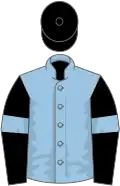 Light blue, black sleeves, light blue armlets, black cap