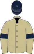 Beige, dark blue armlets, dark blue cap