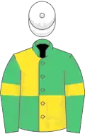 Emerald green and yellow quartered, em green sleeves, yellow armlet, white cap
