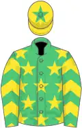 Emerald green, yellow stars, yellow and emerald green chevrons on sleeves, yellow cap, emerald green star