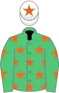 Emerald green, orange stars, white cap, orange star