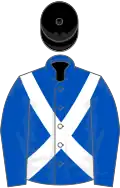 Royal blue, white cross sashes, black cap