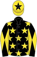 Black, yellow stars, diabolo on sleeves, yellow cap, black star
