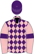 Purple and pink diamonds, pink sleeves, purple armlets, purple cap