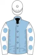 Light blue, white sleeves, light blue spots, white cap