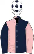 Dark blue and pink halved, sleeves reversed, white cap, dark blue spots