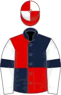 Dark blue and red (quartered), white sleeves, dark blue armlets, red and white quartered cap