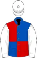 Royal blue and red (quartered), white sleeves and cap