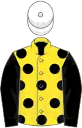 Yellow, black spots and sleeves, white cap