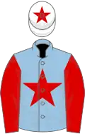 Light blue, red star and sleeves, white cap, red star