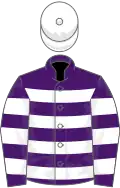 Purple and white hoops, white cap