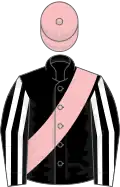 Black, pink sash, black and white striped sleeves, pink cap