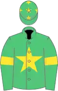 Green, yellow star, green sleeves, yellow armlets, green cap, yellow stars