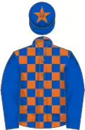 Orange and royal blue check, royal blue sleeves, royal blue cap, orange star