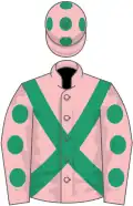 Pink, emerald green cross belts, pink sleeves, emerald green spots and cap
