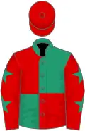 Emerald Green and Red (quartered), Red sleeves, Emerald Green stars, Red cap
