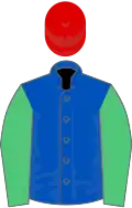 Royal blue, emerald green sleeves, red cap
