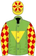 Light green, yellow inverted triangle, yellow sleeves, red diamonds, yellow cap, red diamonds
