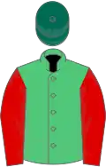 Emerald green, red sleeves, dark green cap