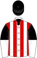White and red stripes, black and white halved sleeves, black cap