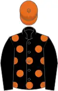 Black, orange spots, black sleeves, orange cap