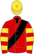 Red, black sash, red and yellow hooped sleeves, yellow cap