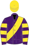 Purple, yellow sash, hooped sleeves, yellow cap