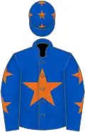 Royal blue, orange star, royal blue sleeves, orange stars and cap