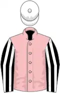 Pink, black and white striped sleeves, white cap