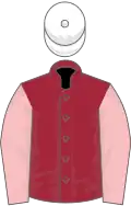 Maroon, pink sleeves, white cap