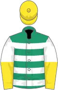 White and emerald green hoops, yellow and white halved sleeves, yellow cap