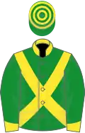 Green, yellow cross belts, collar and cuffs, hooped cap