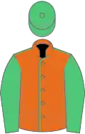 Orange, emerald green seams, sleeves and cap