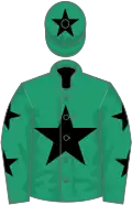 Emerald green, black star, emerald green sleeves, black stars, emerald green cap, black star