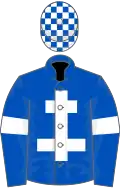 Royal blue, white cross of lorraine and armlets, check cap