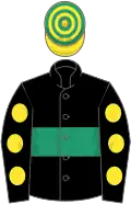 Black, emerald green hoop, black sleeves, yellow spots, yellow and emerald green hooped cap