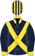 Dark blue, yellow cross sashes collar and cuffs, striped cap