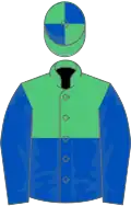 Emerald green and royal blue halved horizontally, blue sleeves, quartered cap