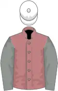 Salmon pink, grey sleeves, white cap