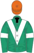 Emerald green, white chevron and armlets, orange cap