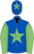 Royal blue, light green star and sleeves, light green star on cap