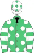 Emerald green, white spots, hooped sleeves, white cap, emerald green spots