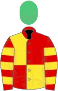 Red and yellow (quartered), hooped sleeves, emerald green cap