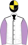White, black seams, mauve sleeves, black and yellow quartered cap