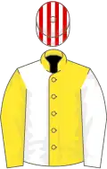 White and yellow (halved), sleeves reversed, red and white striped cap