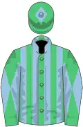 Emerald green and light blue stripes, diabolo on sleeves, emerald green cap, light blue diamond