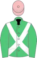 Emerald green, white cross-belts, pink cap